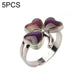Adjustable open ring with four maroon-petal flower charms and silver band