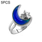 Adjustable open ring with crescent moon charm and blue color-change gem