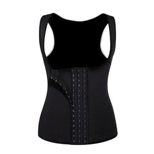 Black U-neck sleeveless body shaper vest with front corset panel and eyelet buckle closure