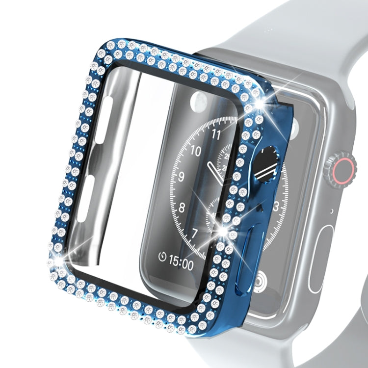 Diamond double-row watch case with clear tempered glass protector, blue frame