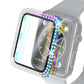Protective smartwatch case with tempered glass film, clear frame, purple diamond pattern border