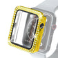 Protective smartwatch case with tempered glass film, yellow border, patterned rhinestone trim