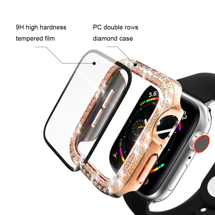 Diamond-rhinestone Apple Watch case with clear tempered glass film, rose-gold frame