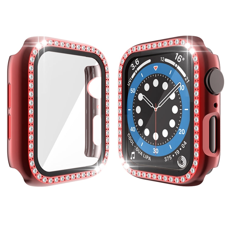 Red Apple Watch protective case with tempered glass and rhinestone double-row bezel