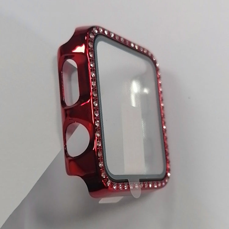 Red Apple Watch case with tempered glass screen and rhinestone side frame