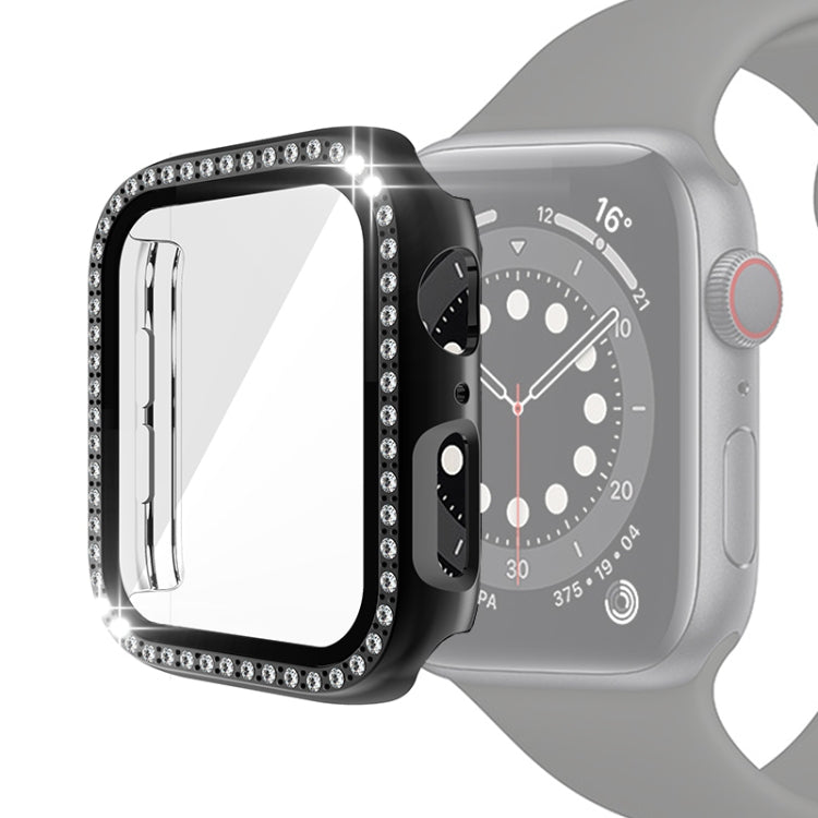 Black Apple Watch protective case with tempered glass film and rhinestone border