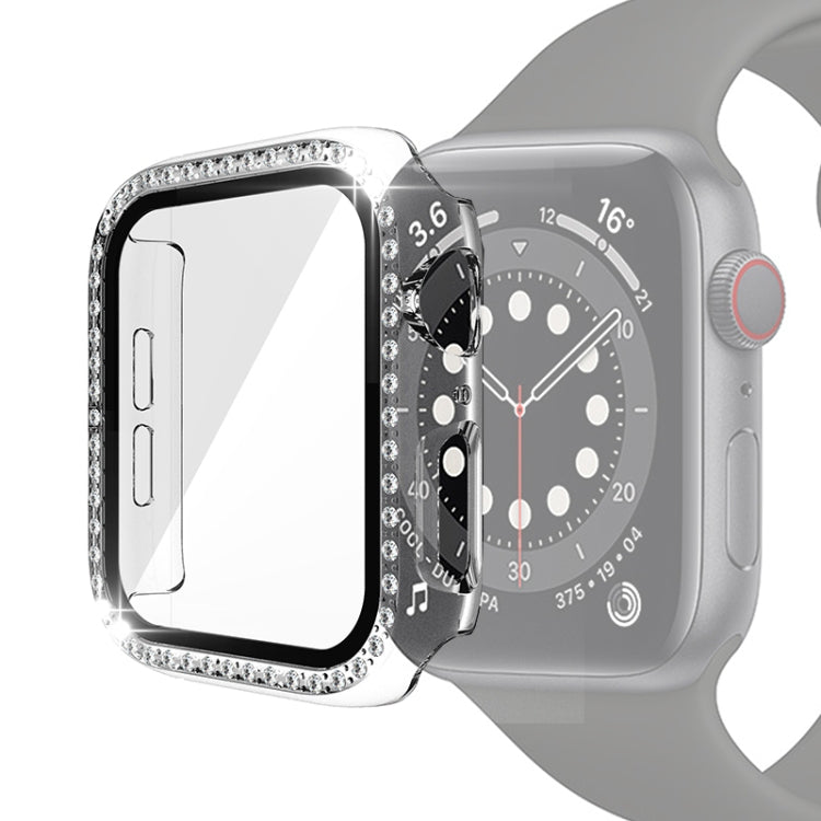 Silver Apple Watch protective case with tempered glass and rhinestone border