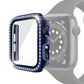 Blue tempered-glass watch case with crystal rhinestone edge protection