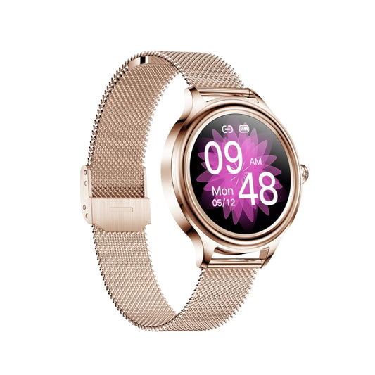 Rose gold mesh-strap smart watch with purple 09:40 display