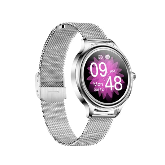 Silver mesh-strap smart watch with purple 09:40 display