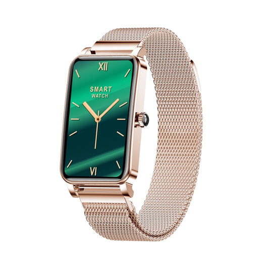Gold smartwatch with green face and Milanese mesh strap, metal rectangular case