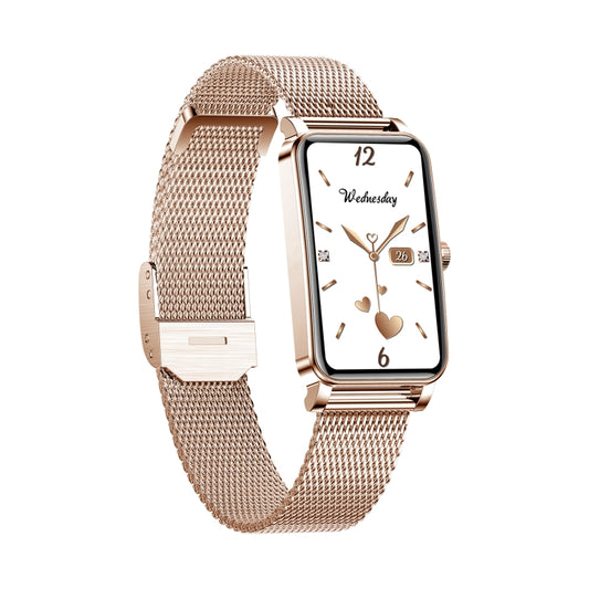 Gold-tone mesh strap smartwatch with rectangular screen showing time and calendar icons