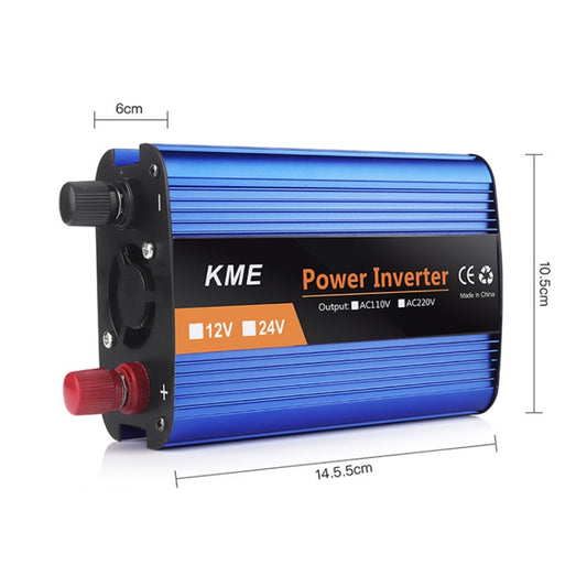 Blue power inverter with side AC outlet, red and black battery terminals, compact metal body