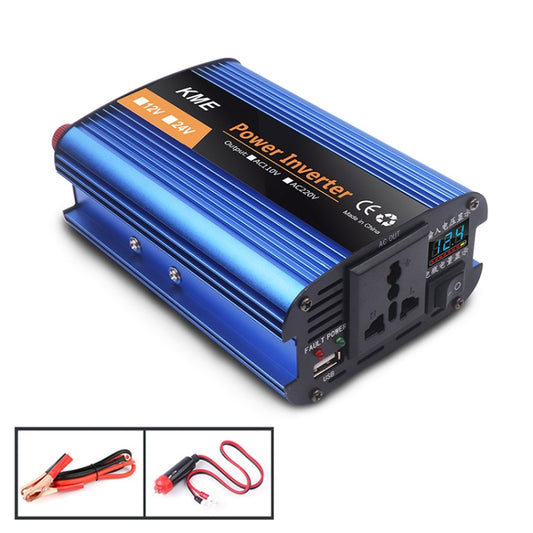 Blue power inverter with digital display, AC outlets, USB ports and cooling fan vents