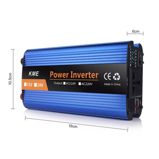 Blue power inverter with black sides and front panel ports, showing compact dimensions