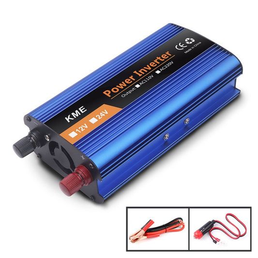 Carmaer power inverter, blue aluminum housing with black panel and red/black DC terminals