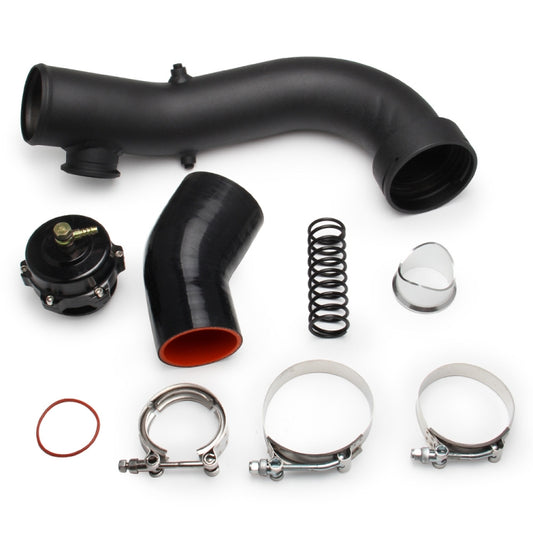 Black silicone turbo intake pipe kit with orange inner coupler, clamps, and spring