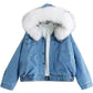 Denim winter jacket with plush white faux fur hood trim and chest patch pockets.