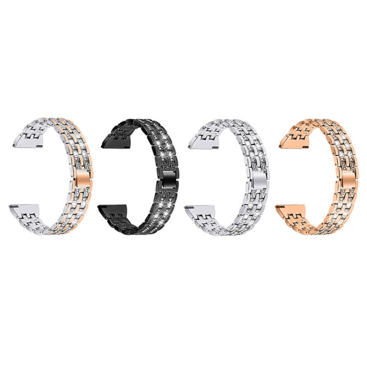 Double-row diamond-look steel watch straps in multiple colors: silver, black, white, rose