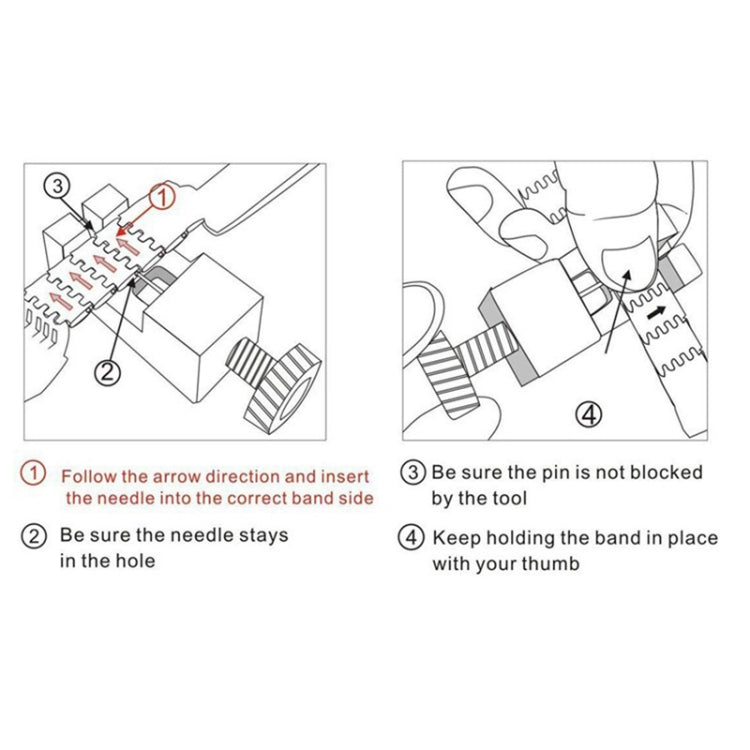 Watch strap replacement instruction diagram with numbered steps and pin tool