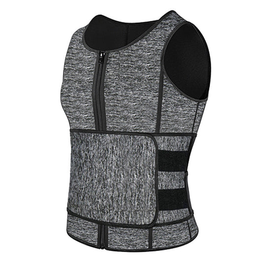 Gray neoprene waist shaper vest with black trim, zipper front, and reinforced panels