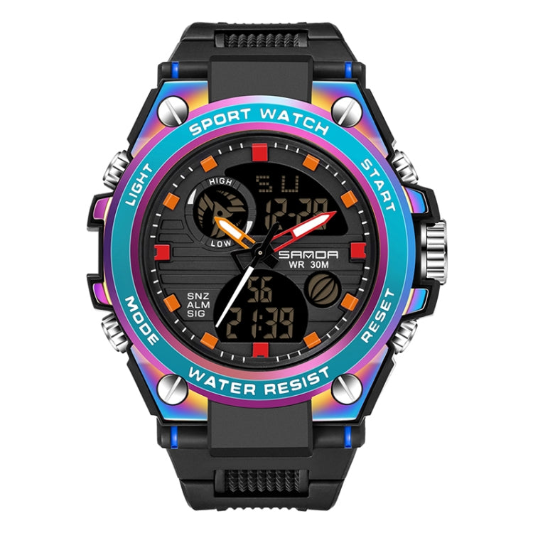 Men’s sport wristwatch with black strap, rainbow bezel, dual digital display and chronograph dials