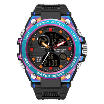 Men’s sport wristwatch with black strap, rainbow bezel, dual digital display and chronograph dials
