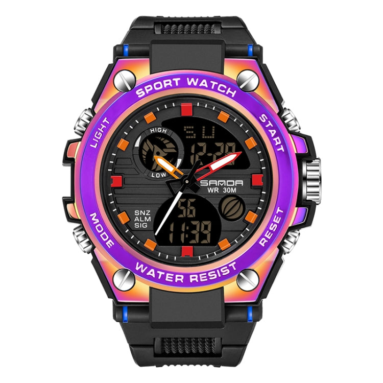 Men’s sport wristwatch with black strap, rainbow bezel, dual digital display and sub-dials