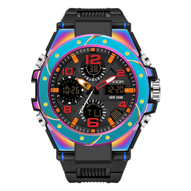 Men’s sport wristwatch with black strap, rainbow bezel, analog hands and digital time windows