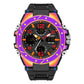 Men’s sport wristwatch with black strap, rainbow bezel, analog hands with dual digital readouts