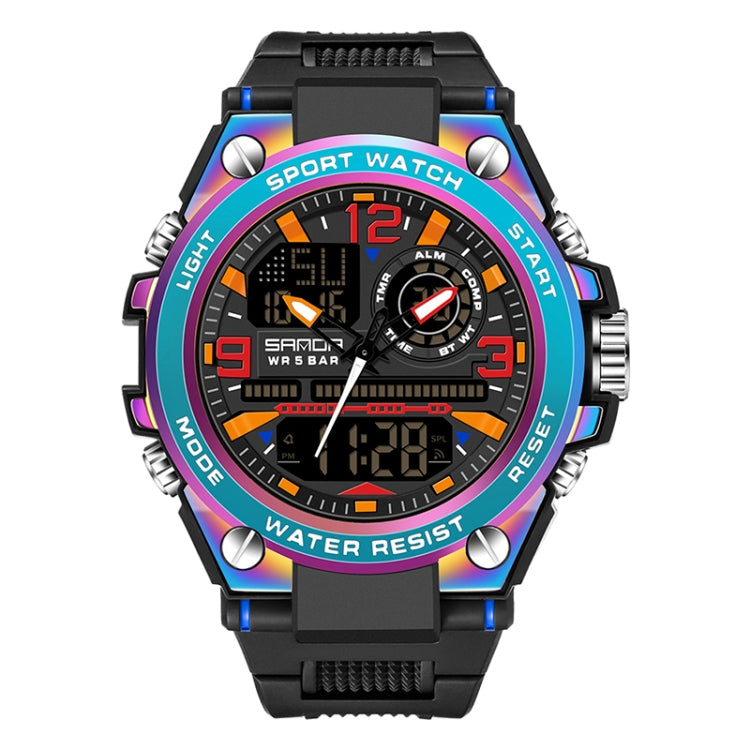 Men’s sport wristwatch with black strap, rainbow bezel, dual display with large digital numbers