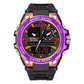 Men’s sport wristwatch with black strap, rainbow bezel, digital time and date windows