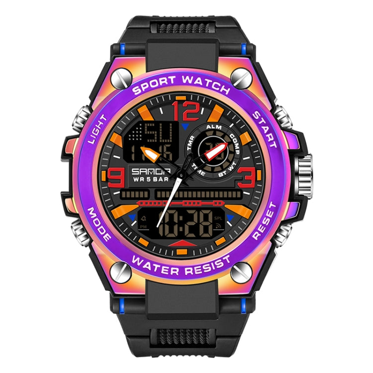 Men’s sport wristwatch with black strap, rainbow bezel, digital time and date windows