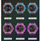 Set of six men’s sport watches with black straps and rainbow blue or purple bezels
