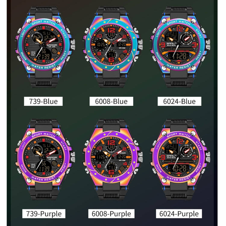 Set of six men’s sport watches with black straps and rainbow blue or purple bezels