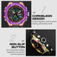 Rainbow bezel sport watch with black strap and side buttons, multi-function dial