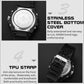 Sport watch showing stainless steel back cover and black textured TPU strap