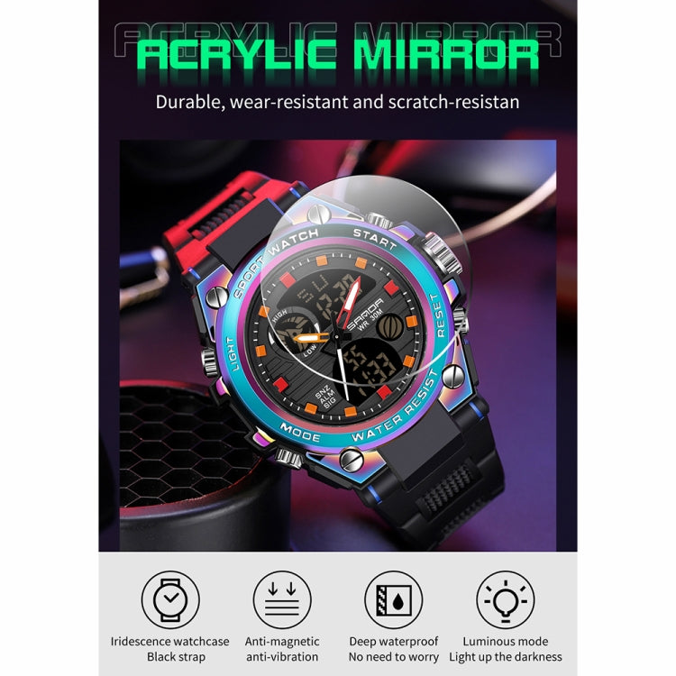 Sport wristwatch with iridescent crystal, rainbow bezel, and dual digital display