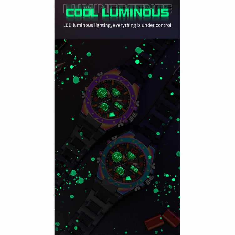 Luminous LED sports chronograph watch with green-lit dial, black silicone strap.