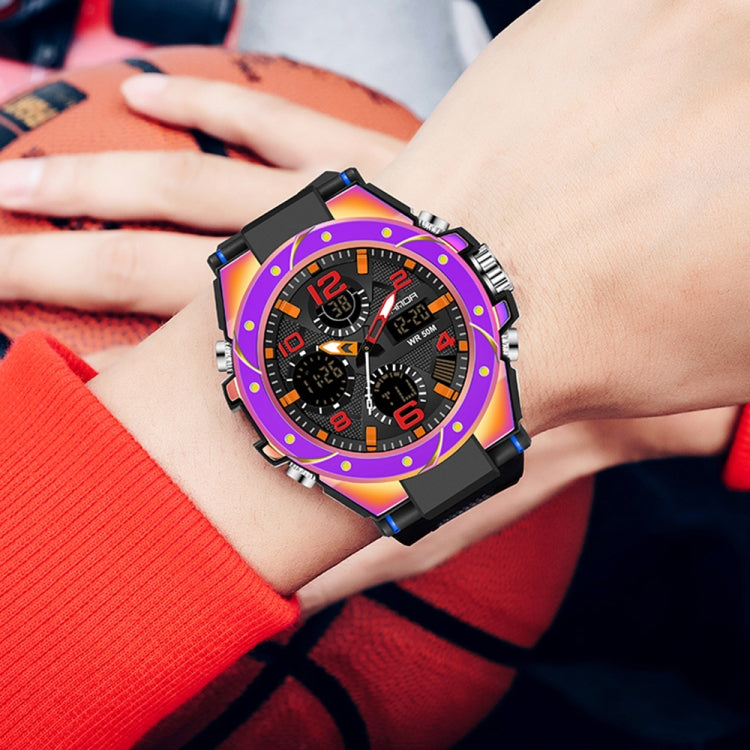 Men's sports chronograph watch on wrist, rainbow bezel, black strap, dual displays.