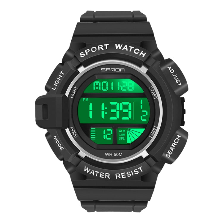 Black digital LED sport alarm wristwatch with green luminous display and silicone band.