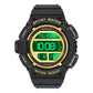 Black and gold digital LED sport alarm wristwatch with green luminous display and silicone band.