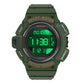 Army green digital LED sport alarm wristwatch with green luminous display and silicone band.
