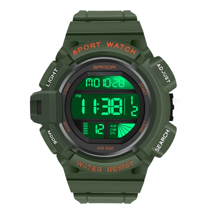 Army green digital LED sport alarm wristwatch with green luminous display and silicone band.