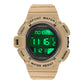 Khaki digital LED sport alarm wristwatch with green luminous display and silicone band.