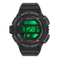 Black digital LED sport alarm wristwatch with green luminous time display and silicone band.