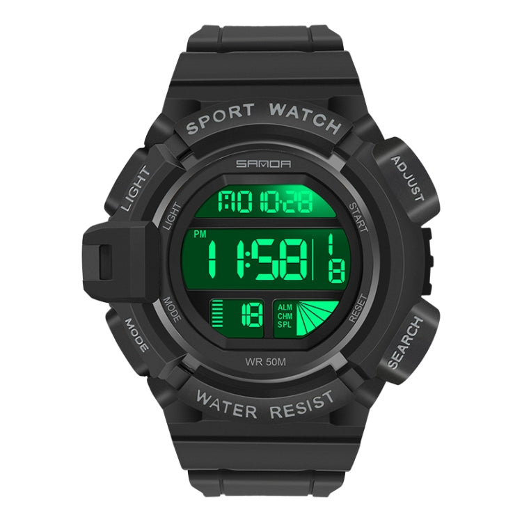 Black digital LED sport alarm wristwatch with green luminous time display and silicone band.
