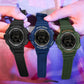 Four digital LED sport alarm wristwatches in blue, black, and green colors with displays.