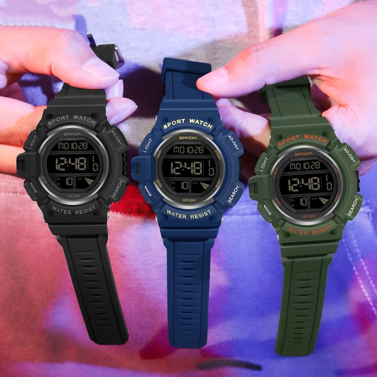 Four digital LED sport alarm wristwatches in blue, black, and green colors with displays.
