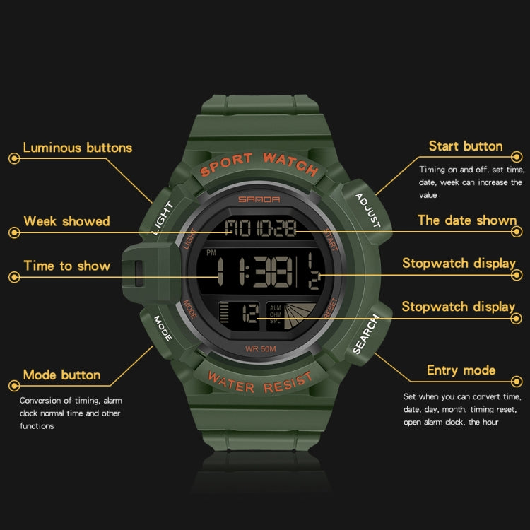 Army green digital LED sport alarm wristwatch with green luminous display and rugged bezel.
